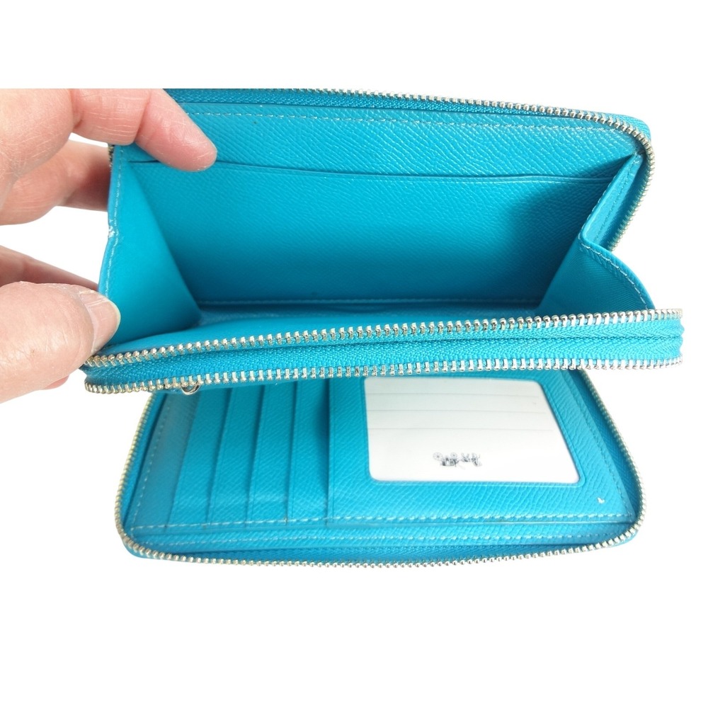 Coach Turquoise Crossgrain Leather Double Zip Around Wallet Silver Hardware - Picture 7 of 9